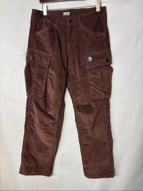 Diesel Sz 30 Unisex Brown Corduroy Cargo Trousers Multiple Pocket Zipper Closure